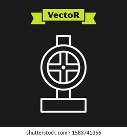 White line Industry metallic pipes and valve icon isolated on black background.  Vector Illustration