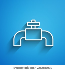 White line Industry metallic pipes and valve icon isolated on blue background. Long shadow. Vector