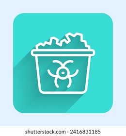 White line Infectious waste icon isolated with long shadow background. Tank for collecting radioactive waste. Dumpster or container. Biohazardous substances. Green square button. Vector