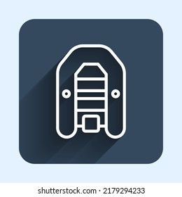 White line Inflatable boat with outboard motor icon isolated with long shadow background. Blue square button. Vector