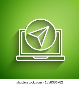 White line Infographic of city map navigation icon isolated on green background. Laptop App Interface concept design. Geolacation concept.  Vector Illustration