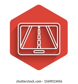 White line Infographic of city map navigation icon isolated with long shadow. Mobile App Interface concept design. Geolacation concept. Red hexagon button. Vector Illustration