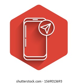 White line Infographic of city map navigation icon isolated with long shadow. Mobile App Interface concept design. Geolacation concept. Red hexagon button. Vector Illustration