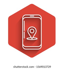 White line Infographic of city map navigation icon isolated with long shadow. Mobile App Interface concept design. Geolacation concept. Red hexagon button. Vector Illustration