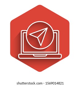 White line Infographic of city map navigation icon isolated with long shadow. Laptop App Interface concept design. Geolacation concept. Red hexagon button. Vector Illustration