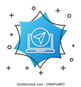 White line Infographic of city map navigation icon isolated on white background. Laptop App Interface concept design. Geolacation concept. Blue hexagon button. Vector Illustration