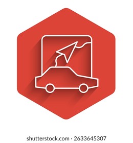 White line Infographic of city map navigation icon isolated with long shadow background. Mobile App Interface concept design. Geolacation concept. Red hexagon button. Vector