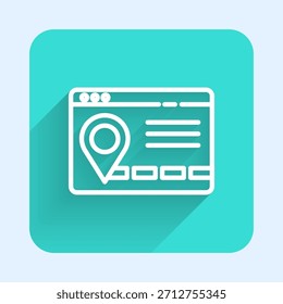 Línea blanca Infografía del icono de navegación del mapa de la ciudad aislado con sombra larga. Diseño de concepto de interfaz de App móvil. Concepto de geolocalización. Botón cuadrado verde. Ilustración vectorial