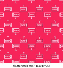White line Information icon isolated seamless pattern on red background.  Vector Illustration