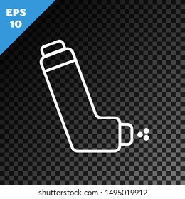 White line Inhaler icon isolated on transparent dark background. Breather for cough relief, inhalation, allergic patient. Medical allergy asthma inhaler spray. Vector Illustration White line Inhaler icon isolated on transparent dark background. Breather for cough relief, inhalation, allergic patient. Medical allergy asthma inhaler spray. Vector Illustration