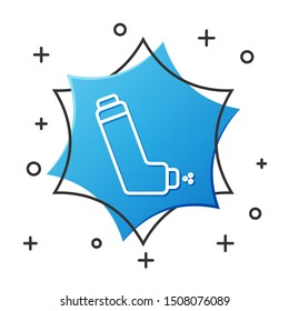 White line Inhaler icon isolated on white background. Breather for cough relief, inhalation, allergic patient. Medical allergy asthma inhaler spray. Blue hexagon button. Vector Illustration