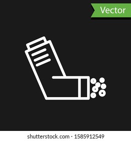 White line Inhaler icon isolated on black background. Breather for cough relief, inhalation, allergic patient. Medical allergy asthma inhaler spray.  Vector Illustration