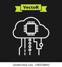 White line Internet of things icon isolated on black background. Cloud computing design concept. Digital network connection.  Vector Illustration
