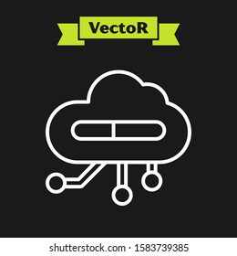 White line Internet of things icon isolated on black background. Cloud computing design concept. Digital network connection.  Vector Illustration