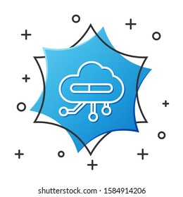 White line Internet of things icon isolated on white background. Cloud computing design concept. Digital network connection. Blue hexagon button. Vector Illustration