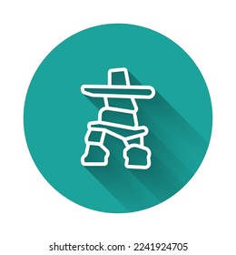 White line Inukshuk icon isolated with long shadow. Green circle button. Vector