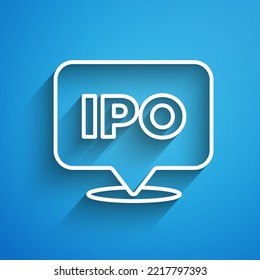 OPV de línea blanca - oferta pública inicial o icono de lanzamiento del mercado de valores aislado en fondo azul. Larga sombra. Vector