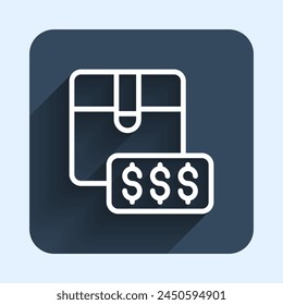 White line Item price tag with dollar icon isolated with long shadow background. Badge for price. Sale with dollar symbol. Promo tag discount. Blue square button. Vector