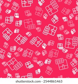 White line Item price tag with dollar icon isolated seamless pattern on red background. Badge for price. Sale with dollar symbol. Promo tag discount.  Vector