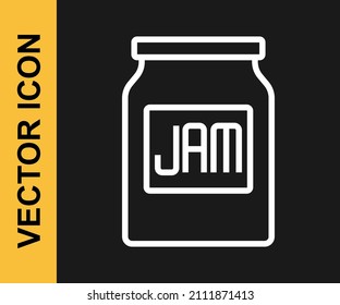 White line Jam jar icon isolated on black background.  Vector