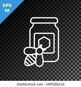 White line Jar of honey with bee icon isolated on transparent dark background. Sweet natural food in bank. Honeybee or apis with wings symbol. Flying insect.  Vector Illustration