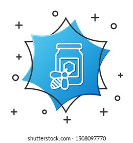 White line Jar of honey with bee icon isolated on white background. Sweet natural food in bank. Honeybee or apis with wings symbol. Flying insect. Blue hexagon button. Vector Illustration