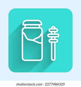 White line Jar of honey and honey dipper stick icon isolated with long shadow. Food bank. Sweet natural food symbol. Honey ladle. Green square button. Vector