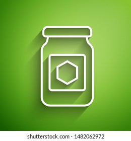 White line Jar of honey icon isolated on green background. Food bank. Sweet natural food symbol. Vector Illustration White line Jar of honey icon isolated on green background. Food bank. Sweet natural food symbol. Vector Illustration