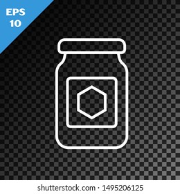 White line Jar of honey icon isolated on transparent dark background. Food bank. Sweet natural food symbol.  Vector Illustration