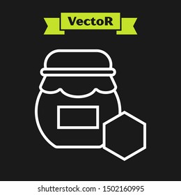 White line Jar of honey icon isolated on black background. Food bank. Sweet natural food symbol.  Vector Illustration