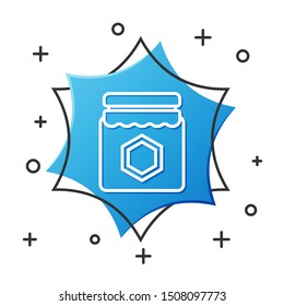 White line Jar of honey icon isolated on white background. Food bank. Sweet natural food symbol. Blue hexagon button. Vector Illustration