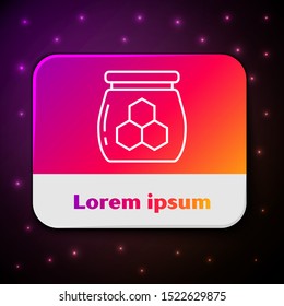 White line Jar of honey icon isolated on black background. Food bank. Sweet natural food symbol. Rectangle color button. Vector Illustration