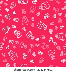 White line Jar of honey icon isolated seamless pattern on red background. Food bank. Sweet natural food symbol.  Vector