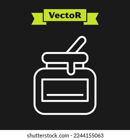 White line Jar of honey icon isolated on black background. Food bank. Sweet natural food symbol.  Vector