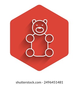 White line Jelly bear candy icon isolated with long shadow. Red hexagon button. Vector