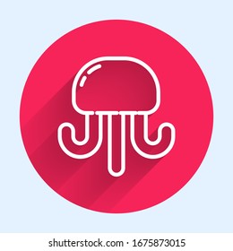 White line Jellyfish icon isolated with long shadow. Red circle button. Vector Illustration