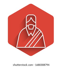 White line Jesus Christ icon isolated with long shadow. Red hexagon button. Vector Illustration