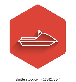 White line Jet ski icon isolated with long shadow. Water scooter. Extreme sport. Red hexagon button. Vector Illustration