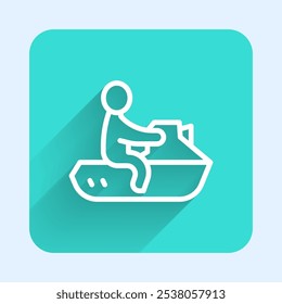 White line Jet ski icon isolated with long shadow background. Water scooter. Extreme sport. Green square button. Vector