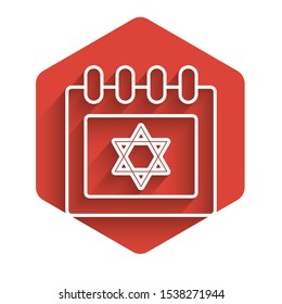 White line Jewish calendar with star of david icon isolated with long shadow. Hanukkah calendar day. Red hexagon button. Vector Illustration