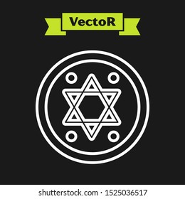 White line Jewish coin icon isolated on black background. Currency symbol.  Vector Illustration
