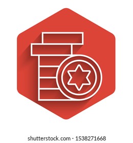 White line Jewish coin icon isolated with long shadow. Currency symbol. Red hexagon button. Vector Illustration