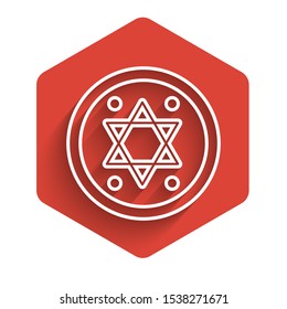 White line Jewish coin icon isolated with long shadow. Currency symbol. Red hexagon button. Vector Illustration