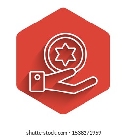 White line Jewish coin on hand icon isolated with long shadow. Currency symbol. Red hexagon button. Vector Illustration