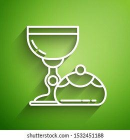 White line Jewish goblet and hanukkah sufganiyot icon isolated on green background. Jewish sweet bakery. Wine cup for kiddush.  Vector Illustration