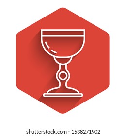 White line Jewish goblet icon isolated with long shadow. Jewish wine cup for kiddush. Kiddush cup for Shabbat. Red hexagon button. Vector Illustration