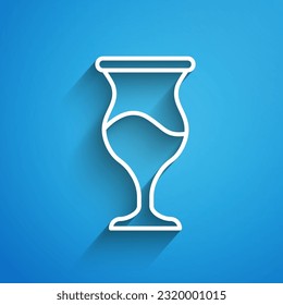 White line Jewish goblet icon isolated on blue background. Jewish wine cup for kiddush. Kiddush cup for Shabbat. Long shadow. Vector