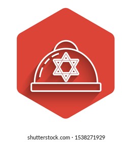 White line Jewish kippah with star of david icon isolated with long shadow. Jewish yarmulke hat. Red hexagon button. Vector Illustration