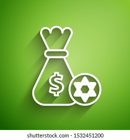 White line Jewish money bag with star of david and coin icon isolated on green background. Currency symbol.  Vector Illustration