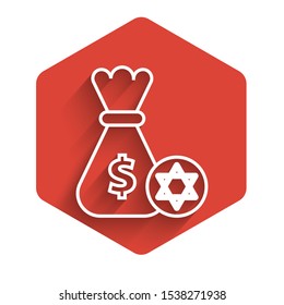 White line Jewish money bag with star of david and coin icon isolated with long shadow. Currency symbol. Red hexagon button. Vector Illustration